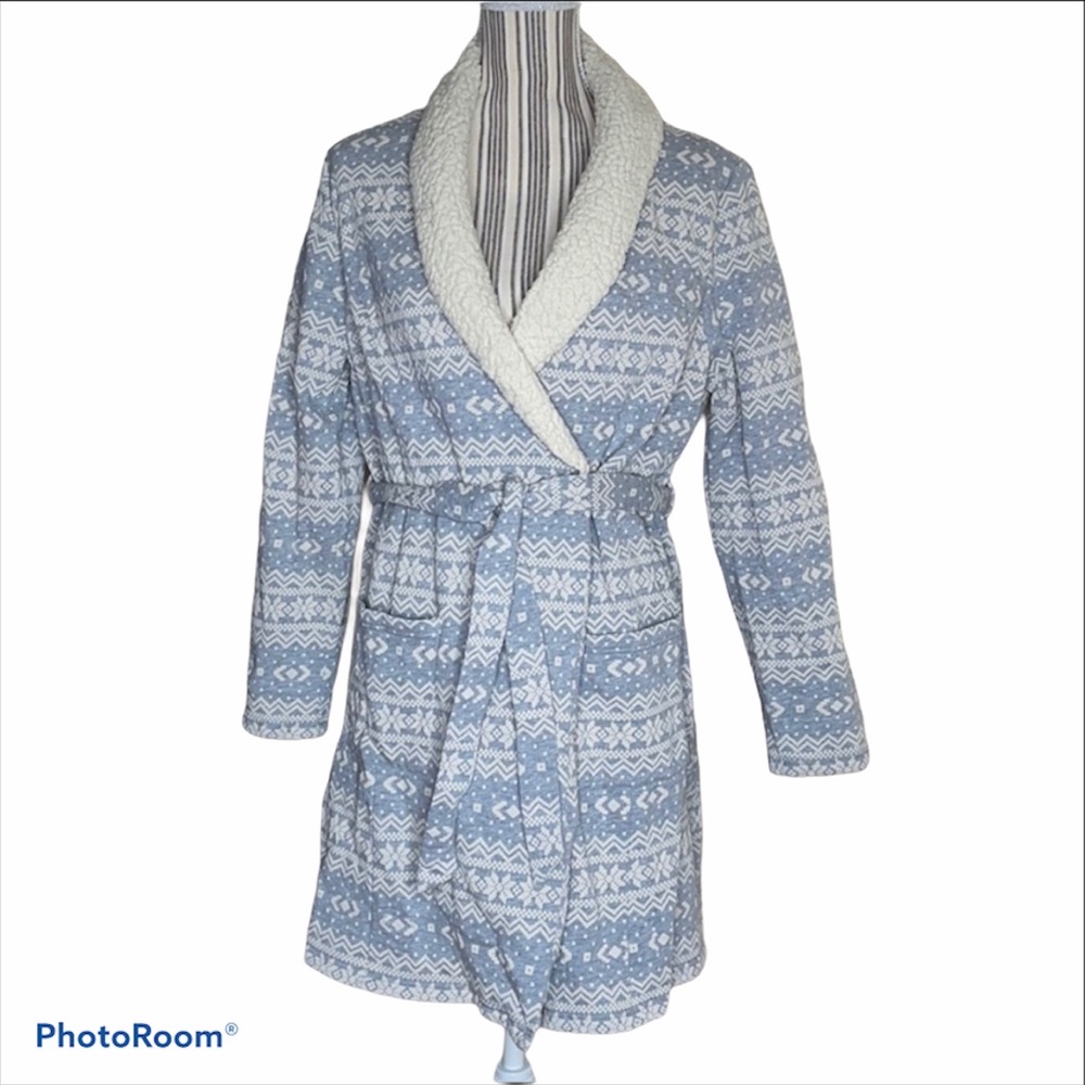 TALBOTS Snowflake Robe Sherpa Edging Wrap Belted Blue Size L